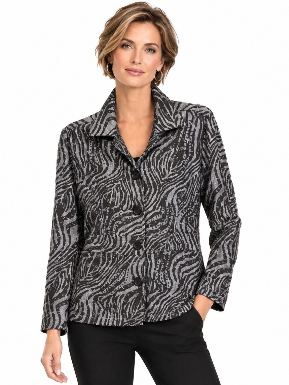 Liz & Me Zebra Print Jacket 4 Button With Scattered Pailettes Grey Black 0X
